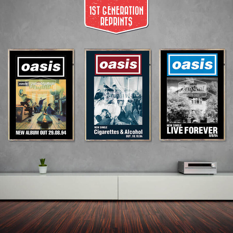 We have created this set of quality, first generation reprints taken from the bands first album Definitely Maybe. This includes the album launch poster plus the singles Cigarettes & Alcohol and Live Forever.